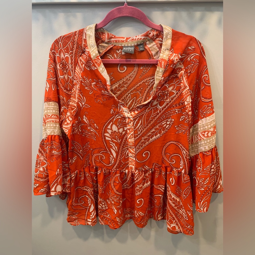 Sheer Orange and Tan Paisley Women's Top with Bell sleeves size medium